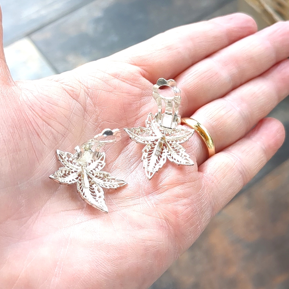 VTG  50's Fall Maple Leaves Sterling Silver Earrings Clip-On Made in Germany